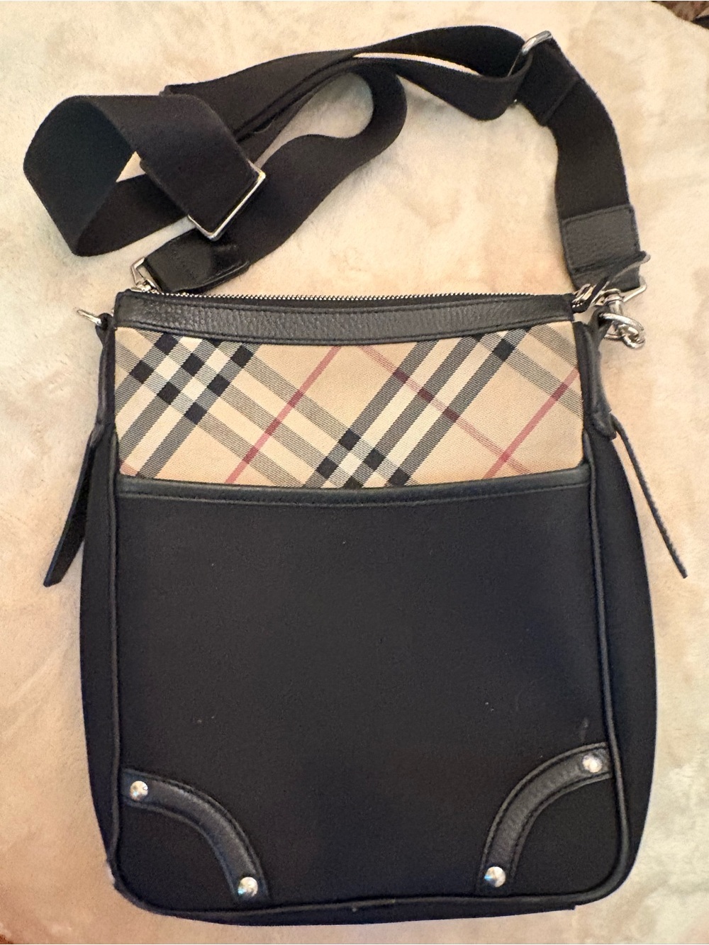 Burberry Black Messenger Bag with Beige Check Plaid Panel